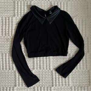 Windsor Black Crop Blouse with Leather Collar